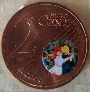 Riproduzione del Ballo a Bougival di Renoir realizzata dentro la moneta da due centesimi